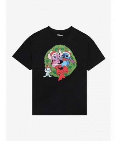 Disney Lilo & Stitch Stitch & Angel Wreath Boyfriend Fit Girls T-Shirt $3.46 T-Shirts